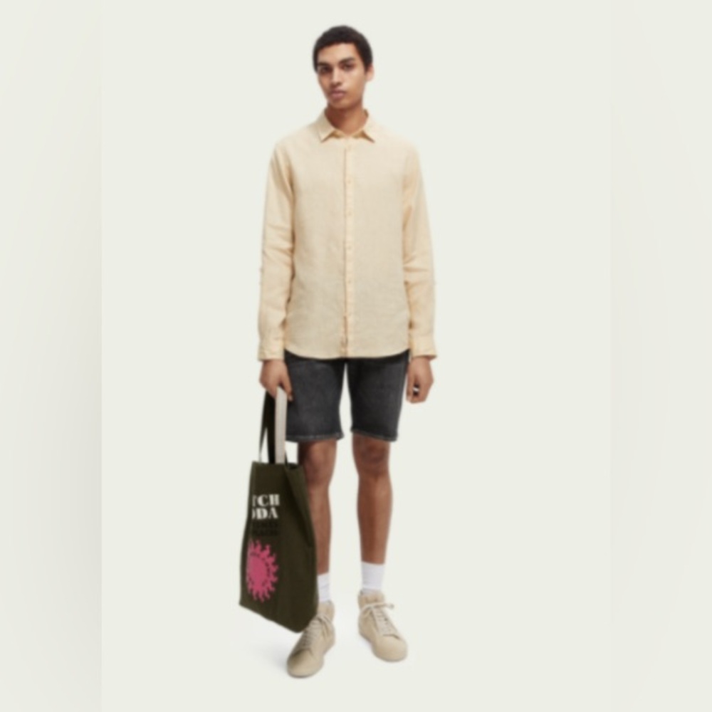 Scotch & Soda Men’s 100% Linen Classic Regular Fit Button Down in Beige, Sz S